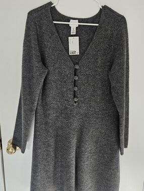 H&M Charcoal Gray V-Neck Knit Dress with Button Detail